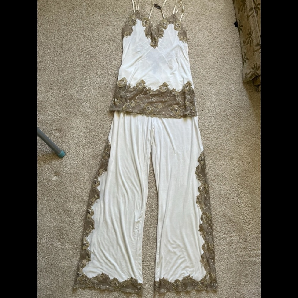 Soma “Cool Nights” pajama/ lounge set in cream with gold/ champagne lace trim